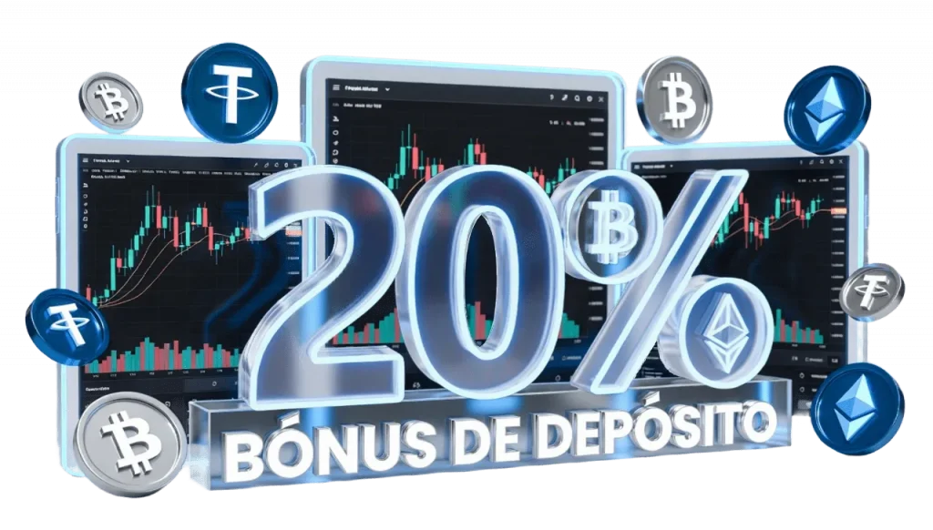 Imagem 3D com tablets exibindo gráficos de trading e ícones de criptomoedas, destacando o texto “20% Deposit Bonus” em estilo metálico e brilhante.
