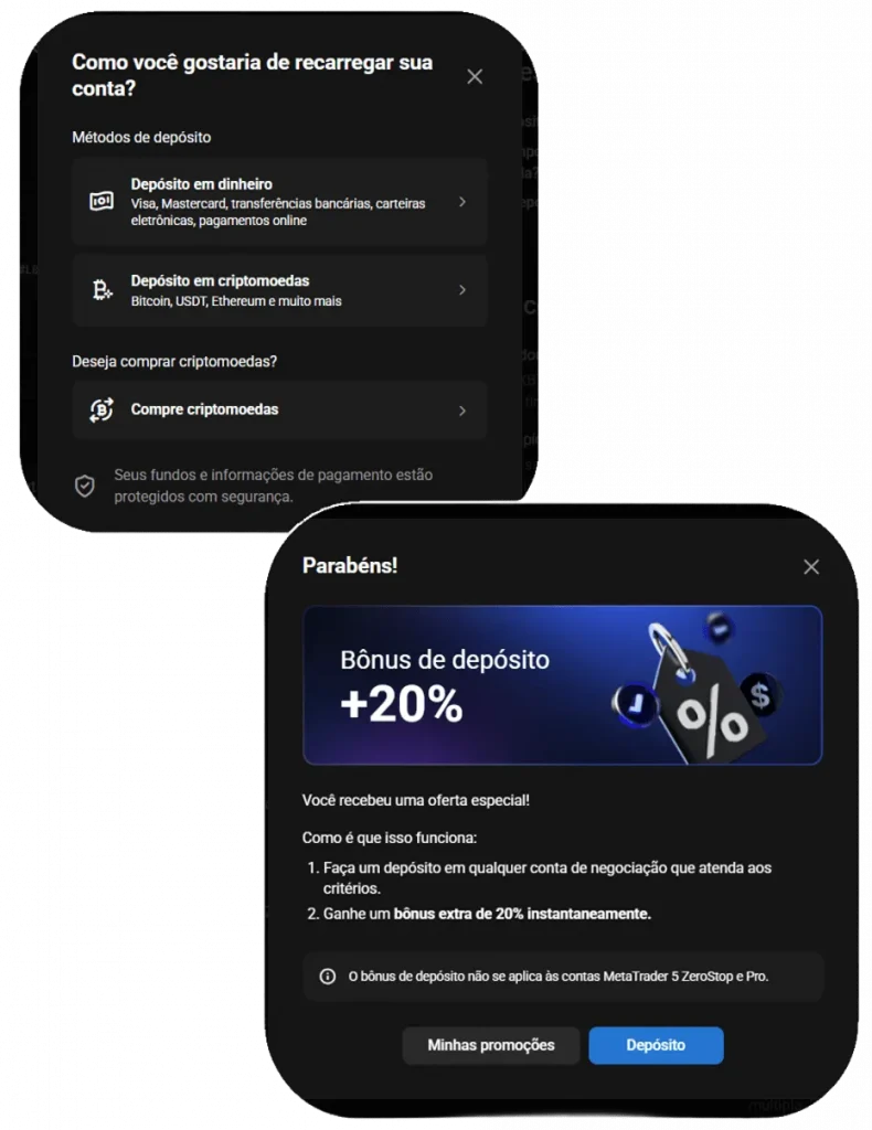 Interface da PrimeXBT mostrando opções de depósito em dinheiro ou criptomoedas e a oferta de bônus de depósito de 20%