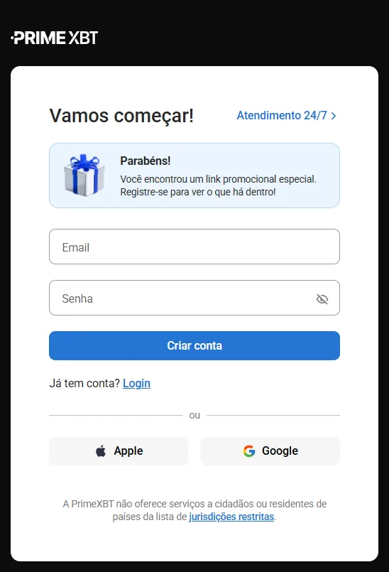 Tela de registro da PrimeXBT no Brasil mostrando aviso de link promocional especial.